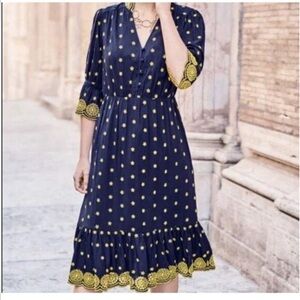 Boden Bronwen Broderie Embroidered Midi Navy and Yellow Dress